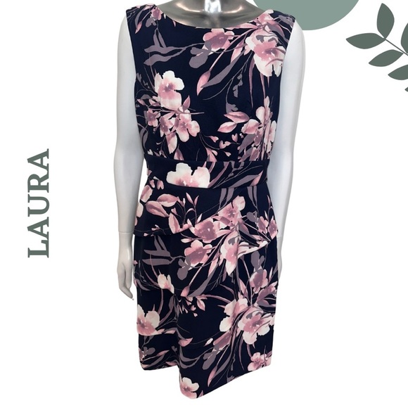 Laura Sleeveless Floral Print Dress Pink Navy Back Zipper Sheath Size 10 - Picture 1 of 6